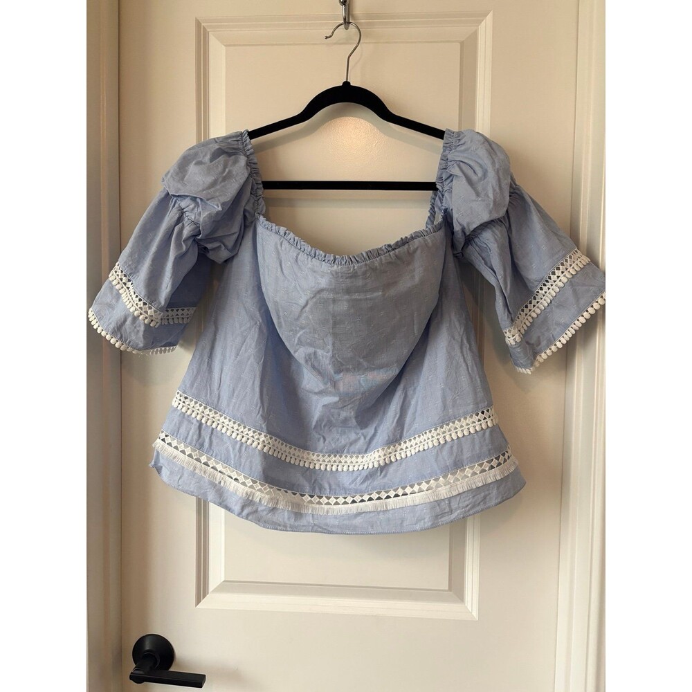 White House Black Market Blue Off-the-Shoulder Lace Trim Top - Size 16
Descripti